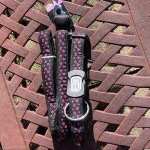 Dog It Collar & Leash Set Black With Pink & Gray Paw Prints, SilverTone…